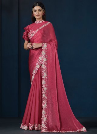 Satin Silk Classic Sari In Pink and Rani