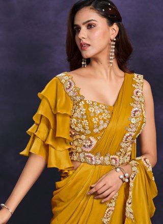 Satin Silk Designer Saree In Mustard