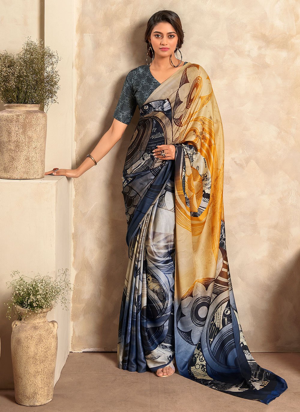 Solid Color Satin Silk Saree in Rust : SPF9840