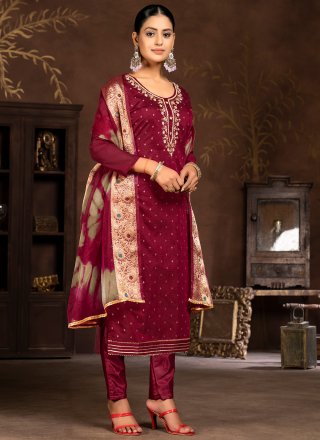 Savory Maroon Organza Trendy Suit with Hand and Woven Work