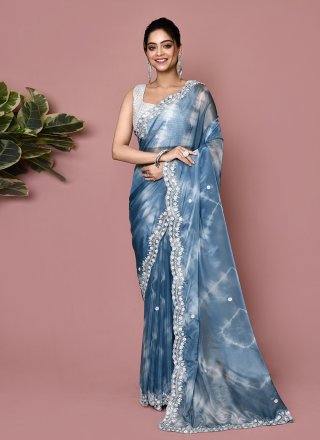 Scintillating Aqua Blue Tissue Classic Sari with Hand Work