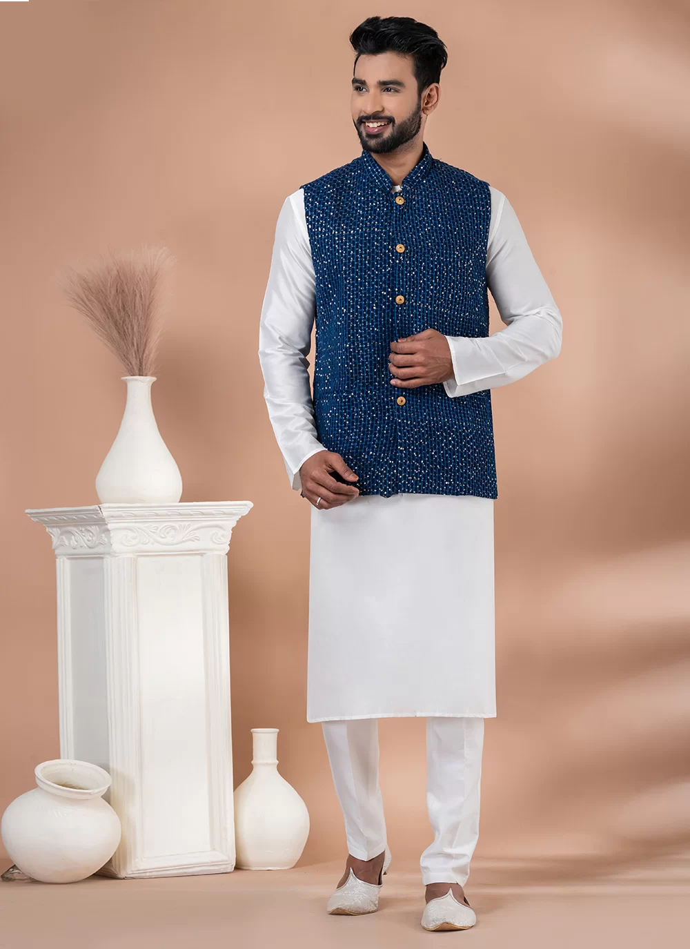 Scintillating Blue and White Viscose Kurta Payjama with Jacket