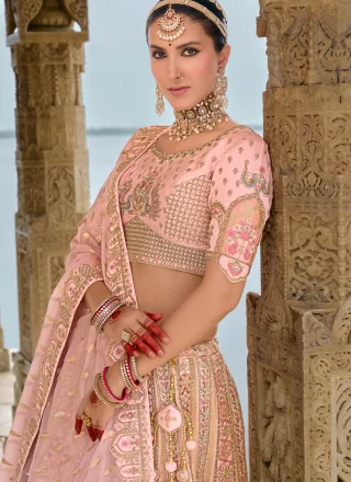 Scintillating Peach and Pink Silk Lehenga Choli