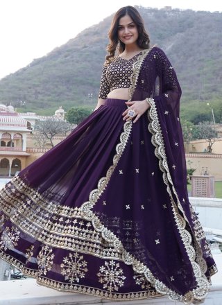 Scintillating Wine Faux Georgette A - Line Lehenga Choli with Embroidered and Sequins Work