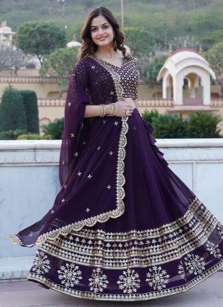 Scintillating Wine Faux Georgette A - Line Lehenga Choli with Embroidered and Sequins Work