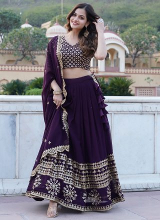 Scintillating Wine Faux Georgette A - Line Lehenga Choli with Embroidered and Sequins Work