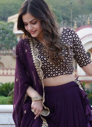 Scintillating Wine Faux Georgette A - Line Lehenga Choli with Embroidered and Sequins Work