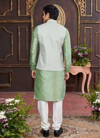 Sea Green Art Silk Digital Print Work Kurta Payjama with Jacket for Men