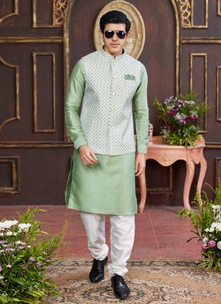 Sea Green Art Silk Digital Print Work Kurta Payjama with Jacket for Men