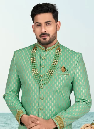Sea Green Banarasi Jacquard Buttons, Jacquard, Thread and Zari Work Sherwani Mens Wear for Ceremonial
