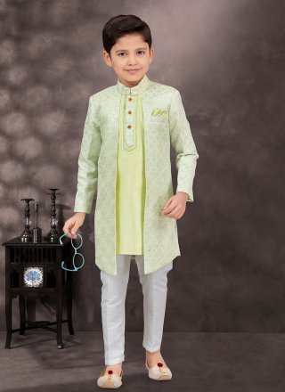 Sea Green Banarasi Silk Sherwani Kids Wear with Buttons and Thread Work for Kid
