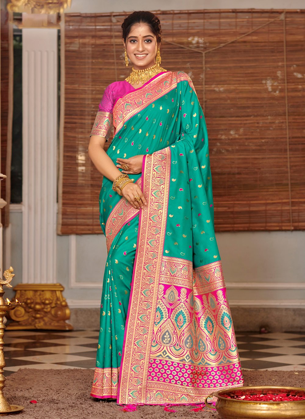 Buy Mysore Saree Udyog - Saree With Blouse-Banarsi- Pretty Cotton Blended  Woven Hot Pink. at Amazon.in