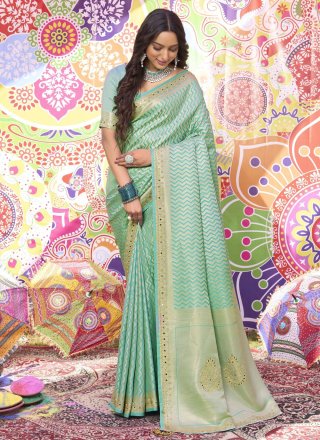 Sea Green Brocade Classic Sari with Hand and Mirror Work for Engagement