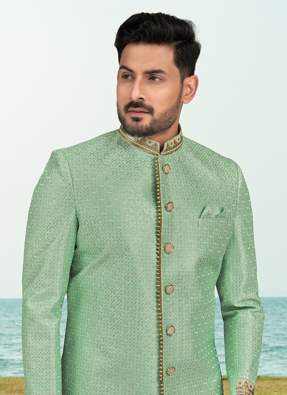 Shop Sea Green Buttons, Machine Embroidery, Thread and Zari Work ...