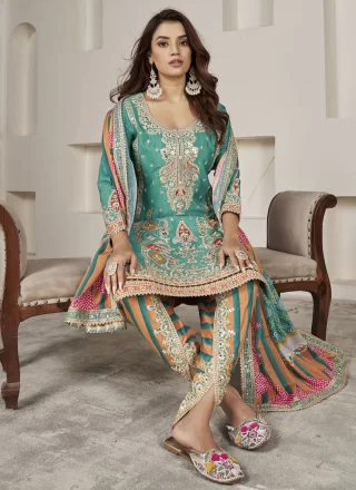 Sea Green Chinon Salwar Suit with Embroidered and Mirror Work for Women