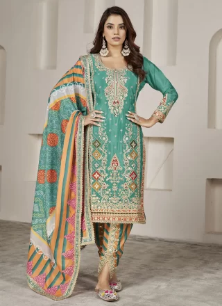 Sea Green Chinon Salwar Suit with Embroidered and Mirror Work for Women