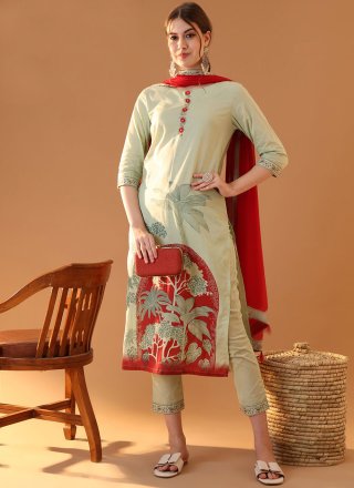 Sea Green Cotton Block Print Work Pant Style Suit