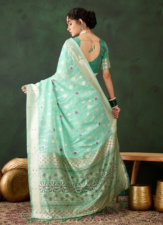 Sea Green Cotton Contemporary Saree with Woven Work for Casual