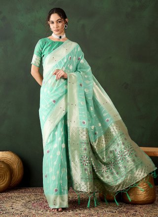 Sea Green Cotton Contemporary Saree with Woven Work for Casual