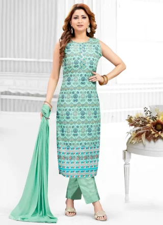 Sea Green Cotton Digital Print and Embroidered Work Salwar Suit for Women