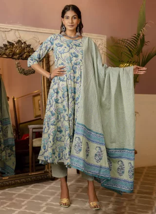 Sea Green Cotton Floral Patch Work Anarkali Suit