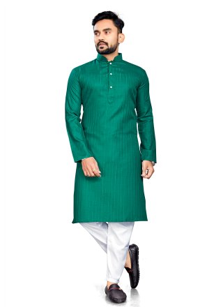 Sea Green Cotton Kurta Pyjama In Plain