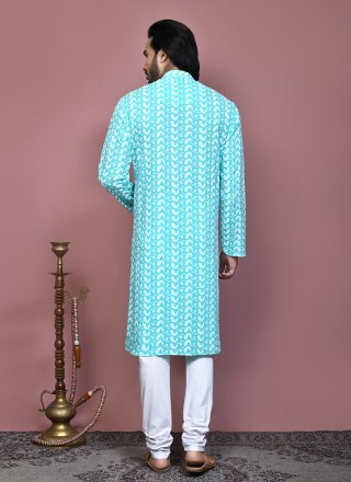 Sea Green Cotton Kurta Pyjama with Embroidered and Resham Work