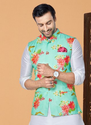 Sea Green Cotton Nehru Jackets with Digital Print Work for Men
