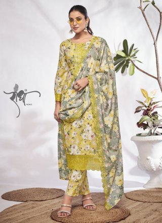 Sea Green Cotton Salwar Suit with Digital Print Work for Ceremonial