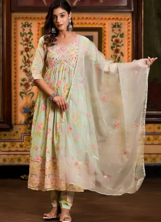 Sea Green Cotton Salwar Suit with Embroidered Work for Ceremonial