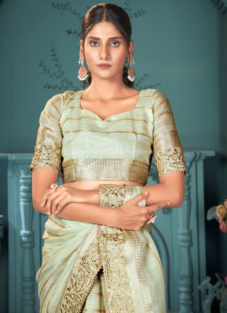 Sea Green Cotton Sequins Work Trendy Saree