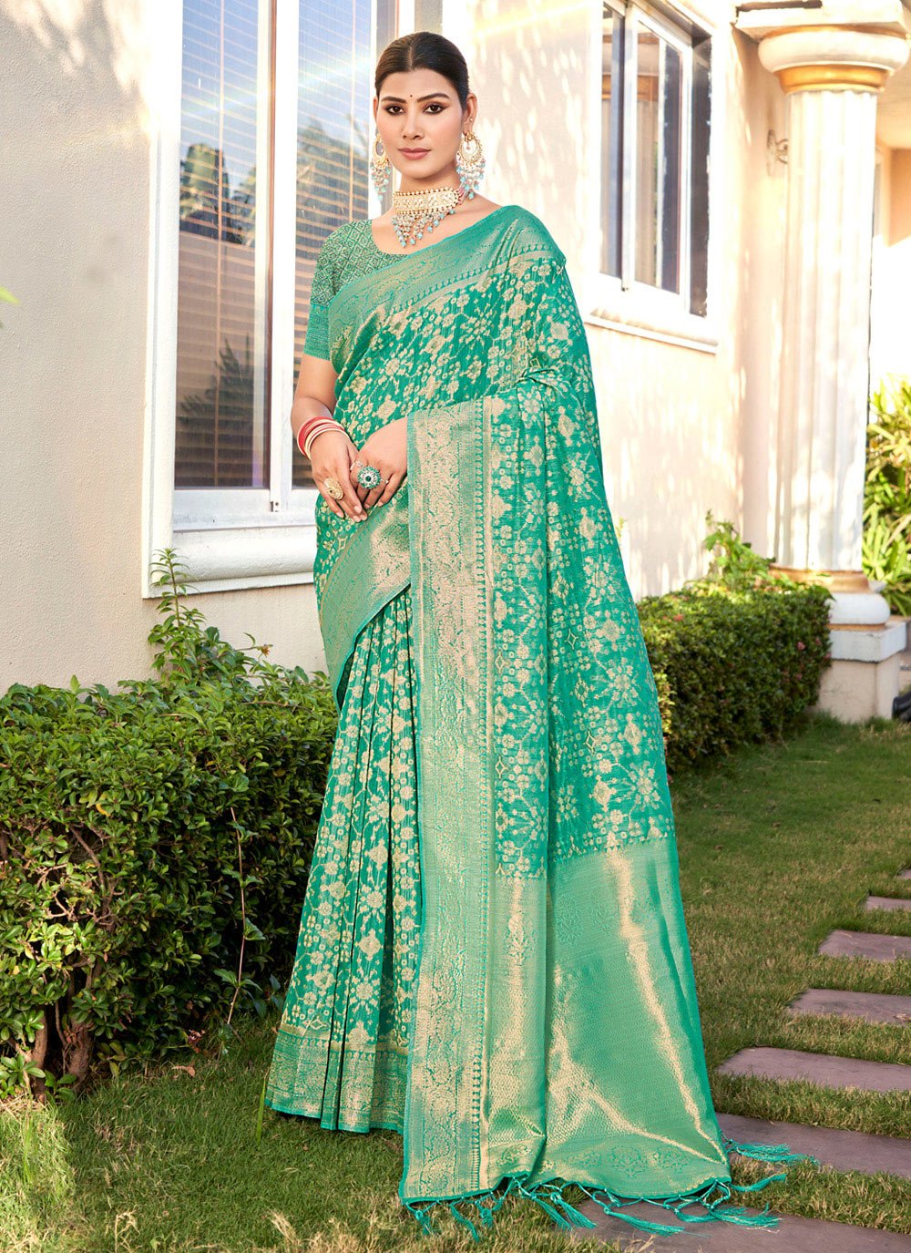 sea green cotton traditional saree with patch border and weaving work 281034