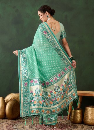 Sea Green Cotton Woven Work Classic Sari