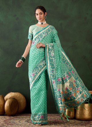 Sea Green Cotton Woven Work Classic Sari
