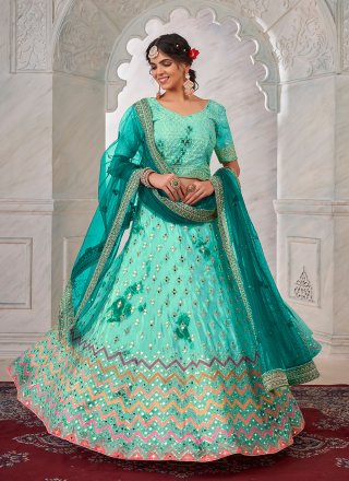 Sea Green Crepe Silk A - Line Lehenga Choli with Mirror and Stone Work for Ceremonial