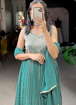 Sea Green Embroidered, Sequins and Thread Work Georgette Salwar Suit