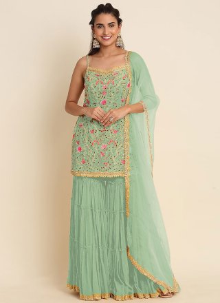 Sea Green Embroidered Work Faux Georgette Salwar Suit