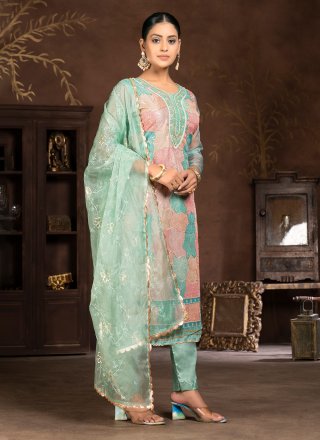 Sea Green Embroidered Work Organza Trendy Suit