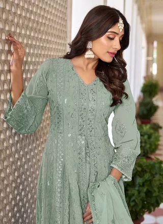 Sea Green Faux Georgette Anarkali Suit with Embroidered Work