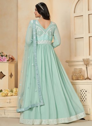 Sea Green Faux Georgette Embroidered, Resham Thread and Sequins Work Gown