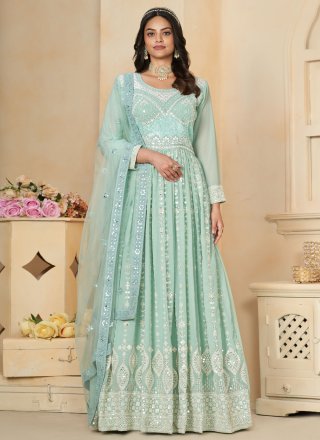 Sea Green Faux Georgette Embroidered, Resham Thread and Sequins Work Gown