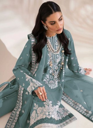 Sea Green Faux Georgette Embroidered Work Salwar Suit for Ceremonial