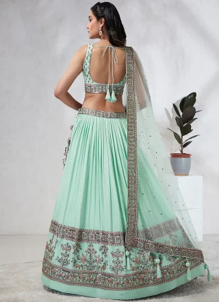 Sea Green Georgette A - Line Lehenga Choli with Embroidered, Sequins and Thread Work for Ceremonial