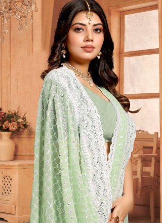 Sea Green Georgette Classic Sari with Embroidered and Sequins Work for Women