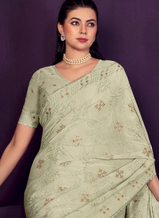 Sea Green Georgette Contemporary Saree with Embroidered and Sequins Work for Ceremonial