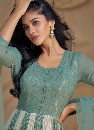 Sea Green Georgette Gown with Embroidered Work for Ceremonial