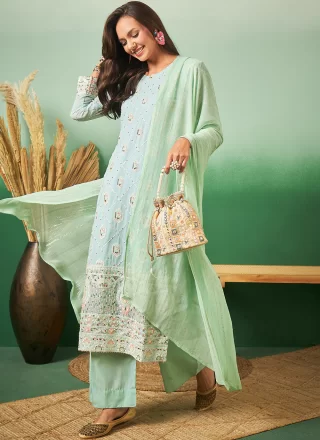 Sea Green Georgette Salwar Suit with Embroidered, Hand and Sequins Work