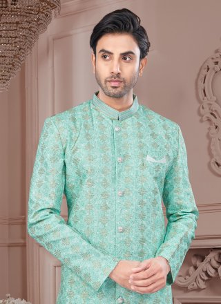 Sea Green Imported Digital Print and Machine Embroidery Work Indo Western Sherwani