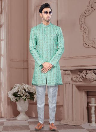 Sea Green Imported Digital Print and Machine Embroidery Work Indo Western Sherwani