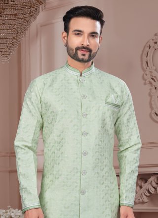 Sea Green Jacquard Buttons, Sequins and Thread Work Indo Western for Ceremonial